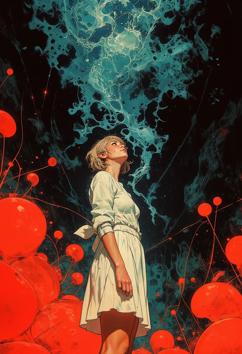 A surreal, hyper-detailed digital artwork inspired by the dreamlike manipulation style of Erik Johansson, featuring a young woman standing amidst a field of vivid red, abstract plants and fish. The woman, appearing to be in her mid-twenties, has short, light blonde hair styled simply and wears a flowing white, knee-length dress with elegant three-quarter length sleeves. Her contemplative expression is captured as she gazes upward, her serene demeanor juxtaposed with the chaotic environment around her. Surrounding her, the foreground bursts with fluorescent red abstract forms blending indistinctly between plant and fish-like shapes, their smooth, liquid-like texture glowing against the scene. The background reveals a dark, almost black underwater world teeming with blue and silver fish swimming in intricate, chaotic patterns. These fish are rendered in a highly realistic style, their metallic scales catching subtle light, creating an immersive depth. The stark contrast between the radiant red foreground and the cool, subdued blue tones of the background establishes a surreal dichotomy. The artwork’s dynamic composition, with the woman slightly off-center, emphasizes her isolation amidst the surreal clash of elements. This otherworldly image masterfully blends surrealism and digital abstraction, evoking both beauty and mystery.