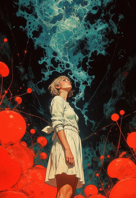 A surreal, hyper-detailed digital artwork inspired by the dreamlike manipulation style of Erik Johansson, featuring a young woman standing amidst a field of vivid red, abstract plants and fish. The woman, appearing to be in her mid-twenties, has short, light blonde hair styled simply and wears a flowing white, knee-length dress with elegant three-quarter length sleeves. Her contemplative expression is captured as she gazes upward, her serene demeanor juxtaposed with the chaotic environment around her. Surrounding her, the foreground bursts with fluorescent red abstract forms blending indistinctly between plant and fish-like shapes, their smooth, liquid-like texture glowing against the scene. The background reveals a dark, almost black underwater world teeming with blue and silver fish swimming in intricate, chaotic patterns. These fish are rendered in a highly realistic style, their metallic scales catching subtle light, creating an immersive depth. The stark contrast between the radiant red foreground and the cool, subdued blue tones of the background establishes a surreal dichotomy. The artwork’s dynamic composition, with the woman slightly off-center, emphasizes her isolation amidst the surreal clash of elements. This otherworldly image masterfully blends surrealism and digital abstraction, evoking both beauty and mystery.