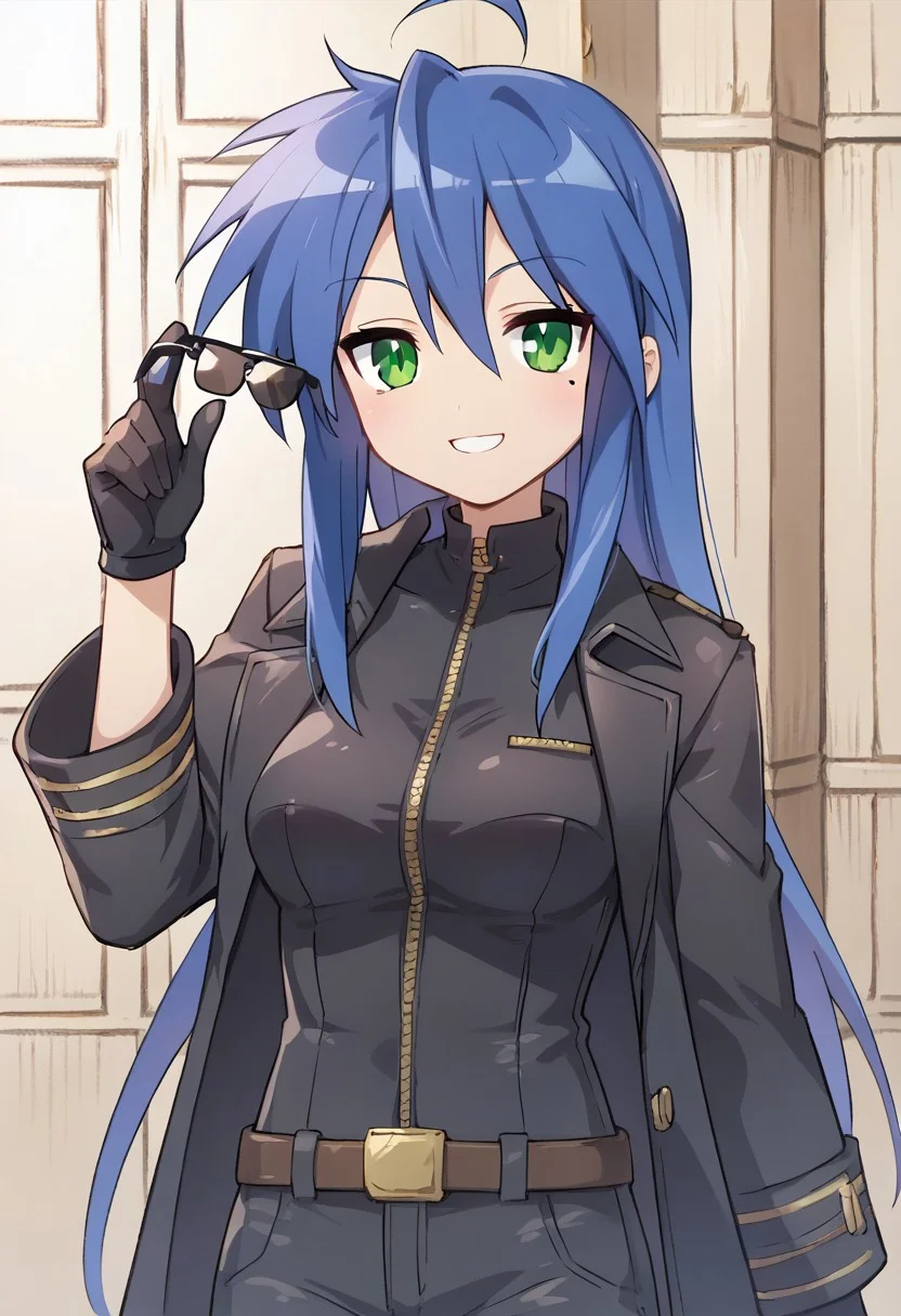 score_9, score_8_up, score_7_up,source_anime, masterpiece, ultra detailed, highres, 4k, best quality, BREAK, <lora:konata:0.7> Konata Izumi, solo, long hair, ahoge, mole, glossy hair, smooth hair, shiny hair, albertwesker, black gloves, sunglasses, belt, pants, long coat, trench coat, black coat, black pants, smile, mouth open, dark blue hair, medium breasts, round breasts, adult, mature, aged up, cute, cute face, evil smile, side glance, lowering shades, slit pupils, green eyes, looking at viewer, arrogant