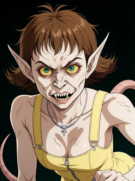 core_9, score_8_up, score_7_up,  high quality, <lora:100_ratrot_pdxl:1> 1girl, solo, ratrot,  sharp nails,hairy, yellow sclera, baring teeth, rr_nose, rr_pointed_ears, bad skin, rr_teeth, rr_tail, rat tail, warty, wild, mean, heavy brow, wrinkled nose, hunched over, messy hair, savage, small eyes, hissing,   <lora:Selphie:0.8> short hair, brown hair, green eyes, flipped hair, necklace, yellow dress, zipper, looking at viewer, short dress, cleavage, mean