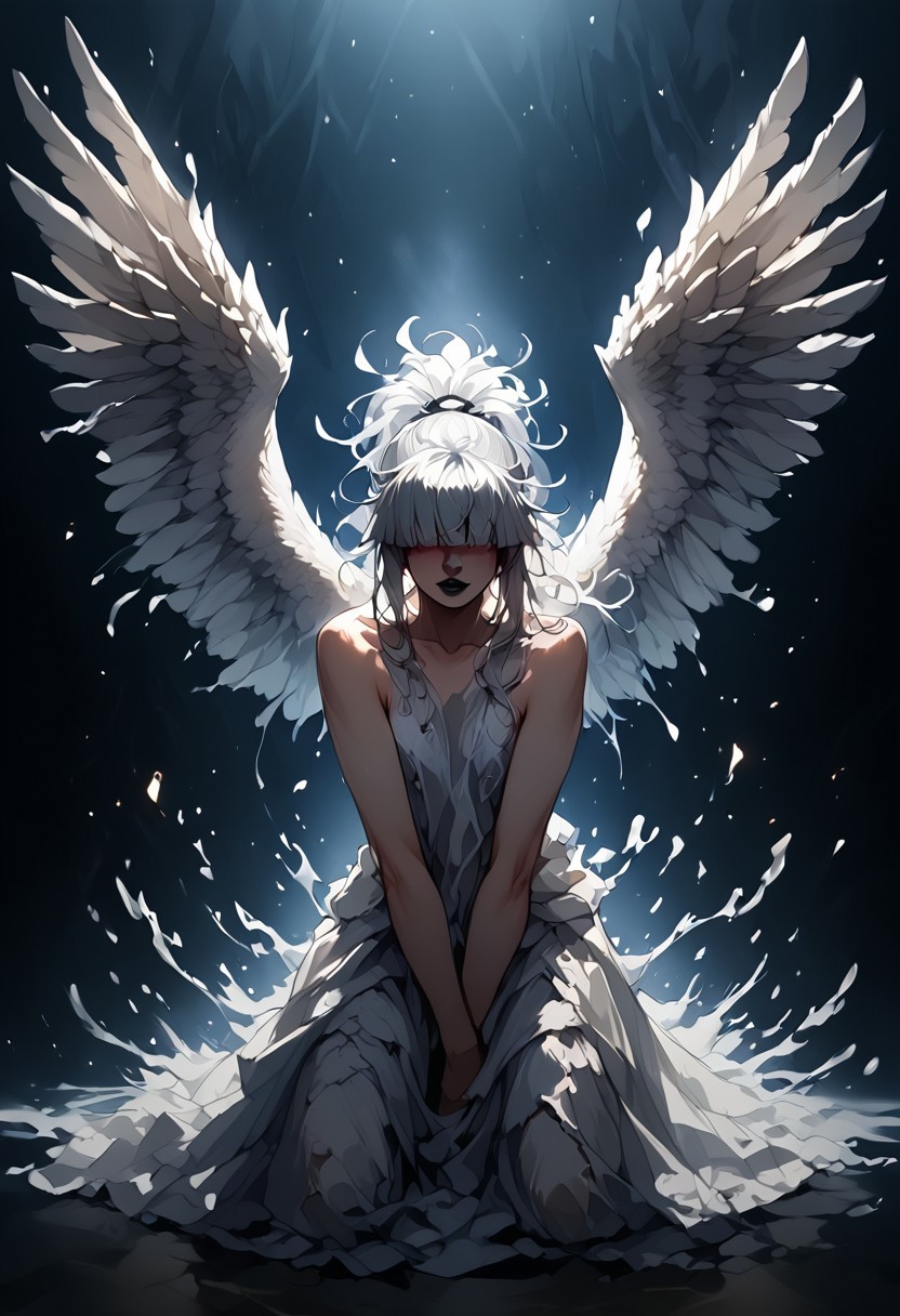 1 angel, white wings, messy white hair, hair covering eyes, blunt bangs, ponytail, black lipstick, kneeling, sorrowful, dark ethereal background, glowing embers, splashes of red