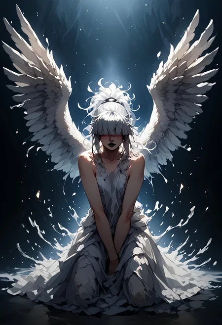 1 angel, white wings, messy white hair, hair covering eyes, blunt bangs, ponytail, black lipstick, kneeling, sorrowful, dark ethereal background, glowing embers, splashes of red