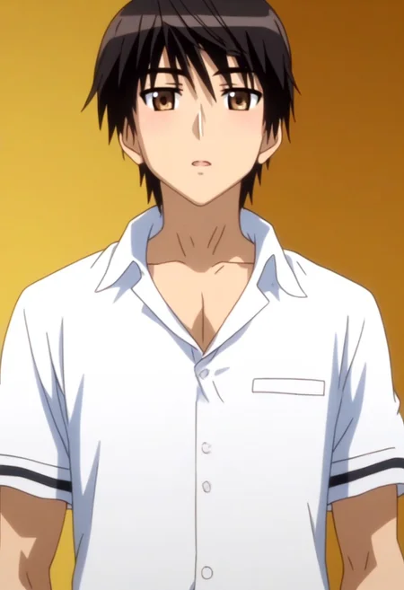 ((masterpiece)), ((best quality)), ((ultra-detailed)), ((absurdres)), score_9_up, score_8_up, score_7_up,
HD, top quality, best quality, amazing quality, High-quality illustrations, anime screencap, source_anime, best aesthetic, perfect proportions, perfect eyes, 1boy, 1male, solo boy, solo male, male focus, solo male focus, Anime, boy, male anime character, anime boy, handsome, sexy, cute, charming, ((looking at front, looking at viewer)), ((front shot, front view, view from front)), ((cowboy shot, head to hips shot)), ((tall body, tall height)), ((lean body, hunk body)), Haruomi Shiki, black hair, brown eyes, white shirt, black pants, easynegative, updn, Expressiveh, masterpiece, best quality, very aesthetic, absurdres