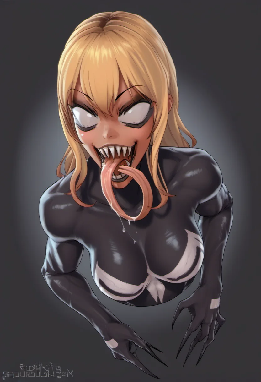 <lora:SymbioteWomen_for_PonyXL:1.2>, symbiette, black symbiote, fully covered, solo, tongue, teeth, tongue out, open mouth, sharp teeth, claws, long tongue, <lora:Chika_Chosokabe_from_LIL_PonyXL:0.8>, chika, 1girl, solo, blonde hair,, score_9, score_8_up, score_7_up, score_6_up, score_5_up, score_4_up