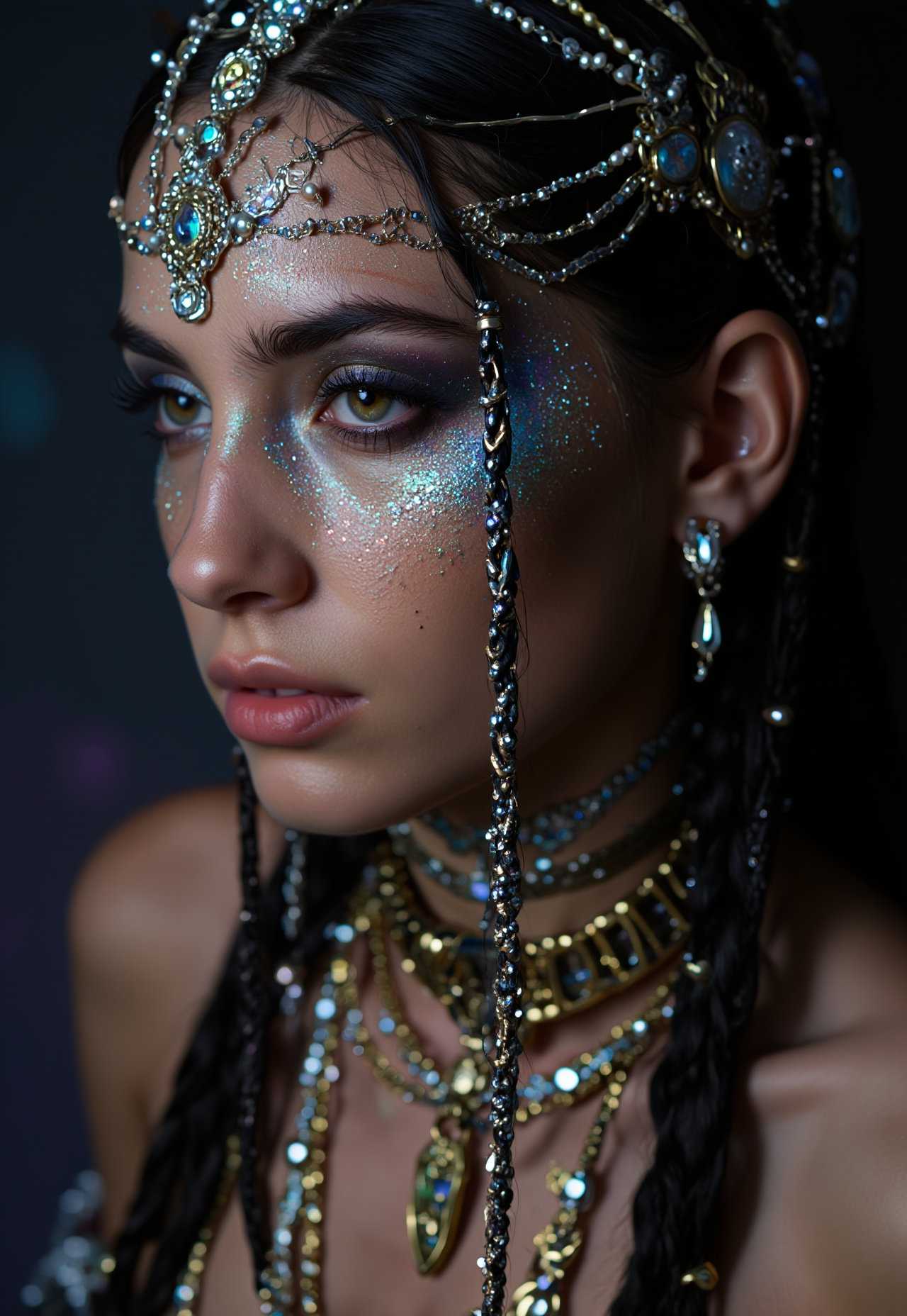 High quality and high contrast photography,(vintagegirls:1.2) A high-resolution photograph capturing a striking close-up of a person with fair skin, clearly of Caucasian descent, adorned with intricate, gothic-inspired or tribal-style makeup and accessories. The makeup, featuring a glittery metallic texture in hues of blue, silver, and gold, extends seamlessly from the face down to the neck, creating a radiant, otherworldly effect. Chains and beads intricately decorate the face, neck, and head, enhancing the opulent and ornate aesthetic. The eyes, framed by dark, smoky eyeshadow and long, dramatic lashes, radiate an intense and captivating gaze. Long, dark braids cascade over the shoulders, meticulously styled and adorned with glitter and beads that sparkle under the light. The blurred background ensures full focus on the subject, with dramatic lighting from the left casting striking shadows that highlight the depth and texture of the makeup and accessories. This composition seamlessly blends traditional cultural motifs with contemporary artistry, evoking a mysterious, ethereal mood that is visually compelling and narratively rich.