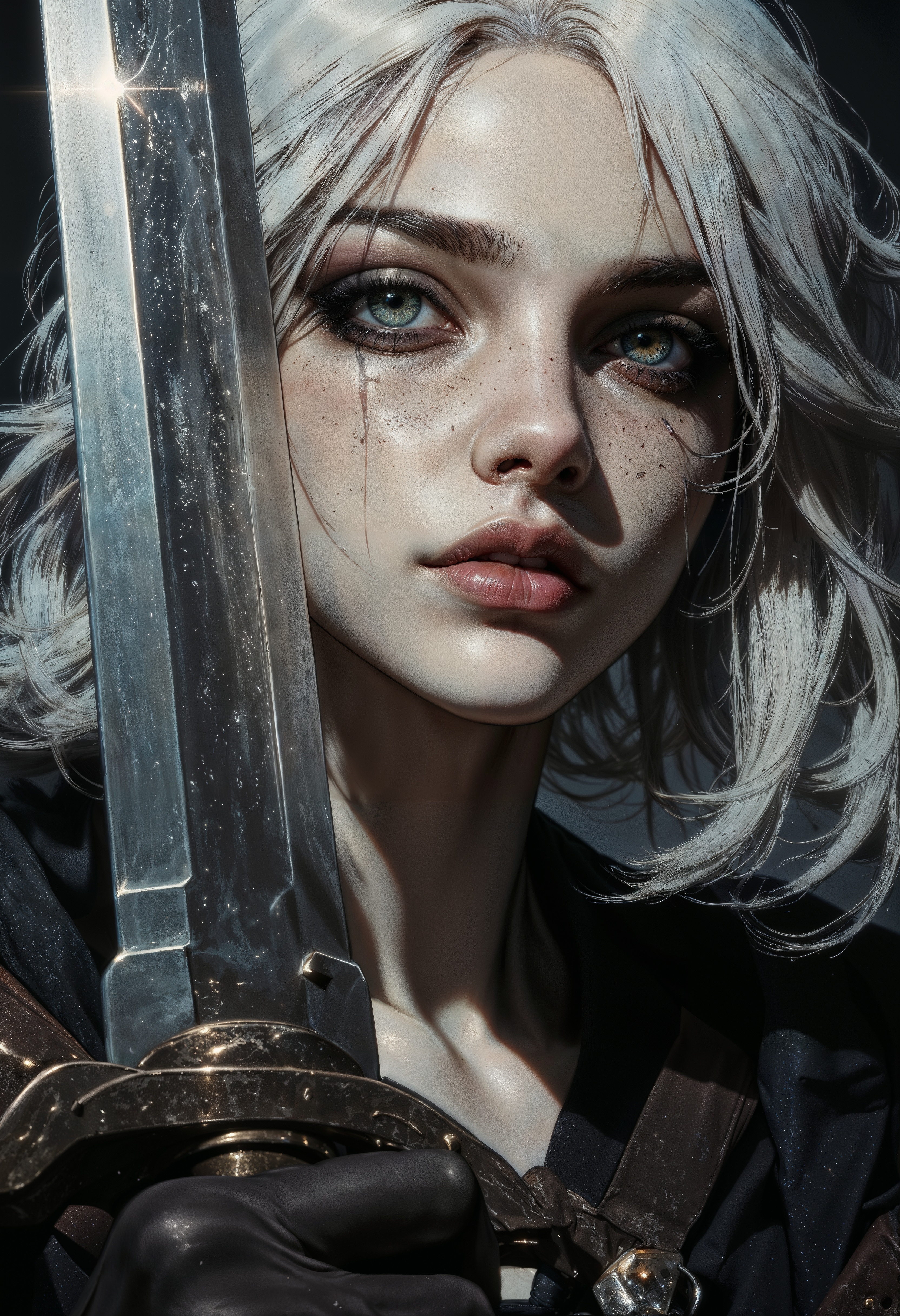 CiriW, A sensually rebellious woman, her green eyes highlighted by dark eyeliner. Holding a gleaming longsword with a confident grip, her face fills the frame with an intensity that draws in the viewer. This realistic portrait captures every crease and imperfection in her pale skin, heavily shadowed to add a mysterious depth to her expression. The white hair falls around her face. Overall, this impeccably detailed image evokes a sense of captivating contradiction and intrigue.  <lora:FluxCiriWV1:1> <lora:FluxMythG0thicL1nes:0.6> <lora:FluxMythR3alisticF:0.5> <lora:RetroAnimeFluxV1:0.6> <lora:OB半写实肖像画V2.0:0.6>