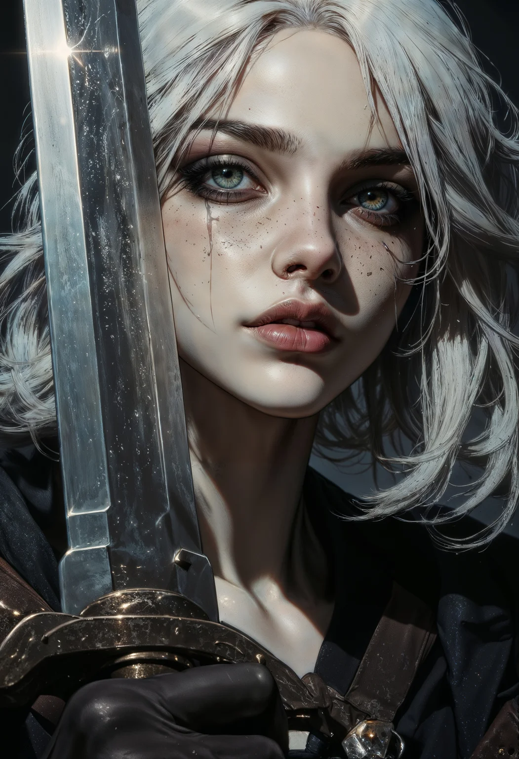 CiriW, A sensually rebellious woman, her green eyes highlighted by dark eyeliner. Holding a gleaming longsword with a confident grip, her face fills the frame with an intensity that draws in the viewer. This realistic portrait captures every crease and imperfection in her pale skin, heavily shadowed to add a mysterious depth to her expression. The white hair falls around her face. Overall, this impeccably detailed image evokes a sense of captivating contradiction and intrigue. <lora:FluxCiriWV1:1> <lora:FluxMythG0thicL1nes:0.6> <lora:FluxMythR3alisticF:0.5> <lora:RetroAnimeFluxV1:0.6> <lora:OB半写实肖像画V2.0:0.6>