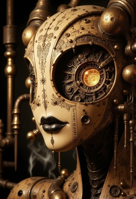 An ultra close-up portrait of a steampunk automaton, showing just over half of the face, framed asymmetrically from the left. The head is tilted slightly upward, creating an intimate, enigmatic perspective. The head is a hollow, featureless piece of carved wood and brass, shaped into a smooth, rounded form without facial features. Only the left half of the wooden head is visible, revealing intricate brass inlays, delicate filigree, and small rivets that give it a handcrafted, Victorian-era aesthetic. In the center of the forehead, there is a prominent clockwork-shaped cutout, its edges smooth and mechanical, resembling a delicate gearwork aperture. The void is hollow and dark, but a soft golden light glows faintly from within, illuminating gears, cogs, and intricate mechanisms inside the wooden interior. As the light flickers, the faint motion of gears turning is subtly visible, adding a sense of movement to the stillness. The wooden surface is polished and adorned with faint, engraved schematics, resembling blueprints for an ancient machine. The clockwork-shaped void draws the viewer’s gaze into the hollow interior, symbolizing ingenuity, time, and the mystery of creation. The background is dark and minimalistic, with a faint haze of steam and the glimmer of brass pipes in the distance. The contrast between warm, mechanical elegance and the hollow, surreal void creates a haunting narrative of time, invention, and artificial consciousness.