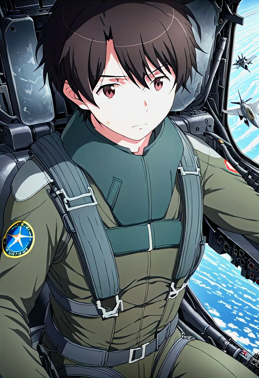 high resolution, solo, best quality, 1Boy, Inaho Kaizuka, Black hair, Brown Eyes, Pilot, Jet Fighter, Military, Military Uniform, military action, OverallDetail