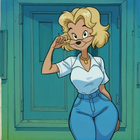 <lora:misspennypacker_illustrious:1>, misspennypacker, misspennypacker, 1girl, solo, breasts, furry female, furry, animal nose, glasses, blonde hair, necklace, jewelry, short hair, outside, wearing white t-shirt and blue jeans, retrostyle, 1990s \(style\), posing, looking at viewer, wide hips, (masterpiece), (best quality), (ultra-detailed), amazing quality, very aesthetic, illustration, perfect composition, intricate details, absurdres, incredibly absurdres,