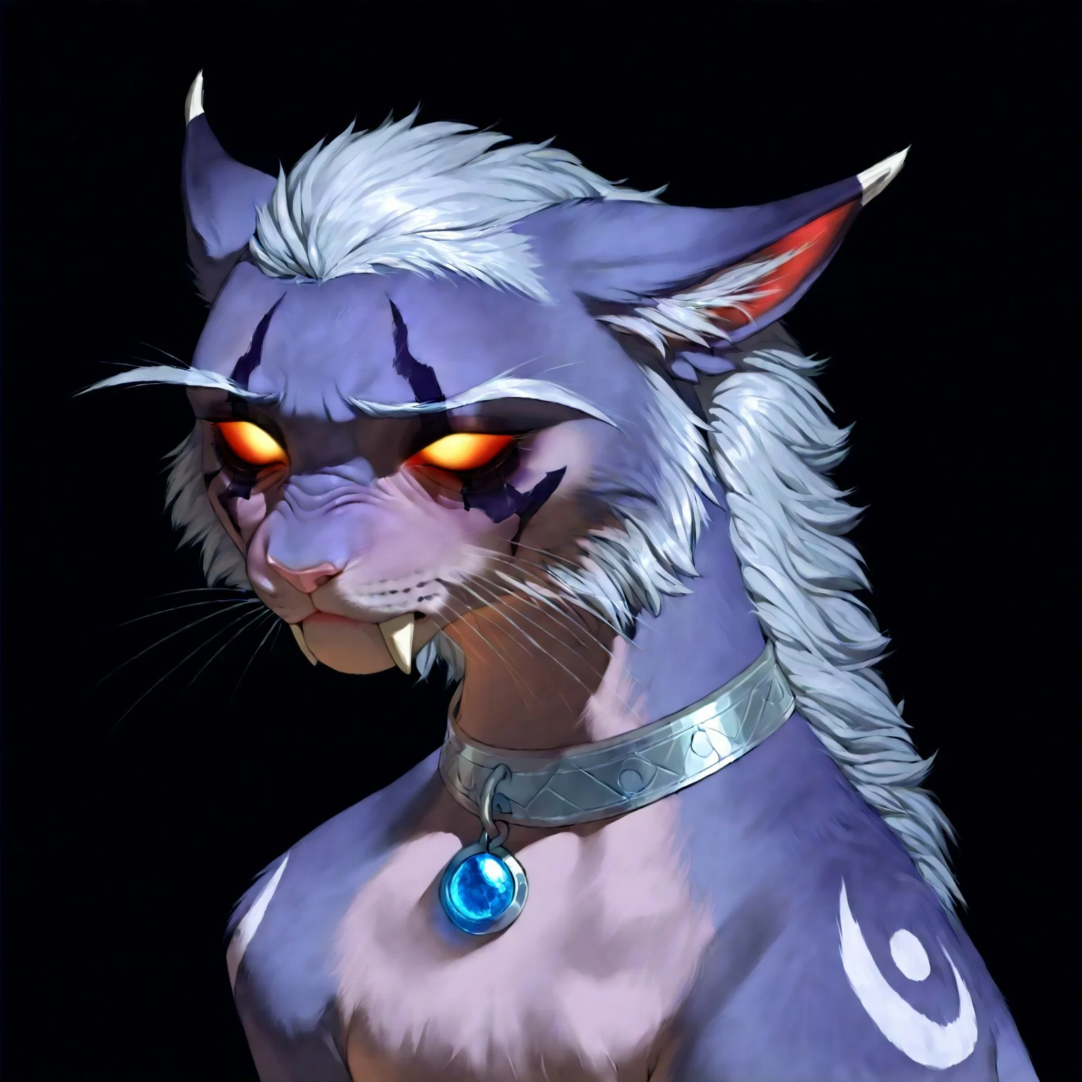 <lora:WoW_NEDruidCat_a1_1_NoobXL-eps>masterpiece,semi-realistic forms of felines,best quality,amazing quality,high quality,very aesthetic,absurdres,newest,shaded,digital media \artwork\,depth of field,wownedrucat,solo,feral,detailed feral,  blue blank eyes,transparent sclera,glowing  eyes,full size portrait, dark violet eye markings,shoulder markings, a little opened mouth,sabertooth,side view,pose,gray with light violet shading fur, silver hair,sad face,sitting,sad eyes, ears pressed back in fear, head looking to the left side, deep thinking, long realistic ears, ultra detailed realistic feline face, elegant white whiskers, silver leather collar without pendants, blue stone on the collar, fluffy hair that lays only on the back and forehead,ash ears, light peach color nose, nude natural soft color composition, background is soft and perfectly contrasts with the main object of the picture