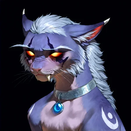 <lora:WoW_NEDruidCat_a1_1_NoobXL-eps>masterpiece,semi-realistic forms of felines,best quality,amazing quality,high quality,very aesthetic,absurdres,newest,shaded,digital media \artwork\,depth of field,wownedrucat,solo,feral,detailed feral, blue blank eyes,transparent sclera,glowing eyes,full size portrait, dark violet eye markings,shoulder markings, a little opened mouth,sabertooth,side view,pose,gray with light violet shading fur, silver hair,sad face,sitting,sad eyes, ears pressed back in fear, head looking to the left side, deep thinking, long realistic ears, ultra detailed realistic feline face, elegant white whiskers, silver leather collar without pendants, blue stone on the collar, fluffy hair that lays only on the back and forehead,ash ears, light peach color nose, nude natural soft color composition, background is soft and perfectly contrasts with the main object of the picture