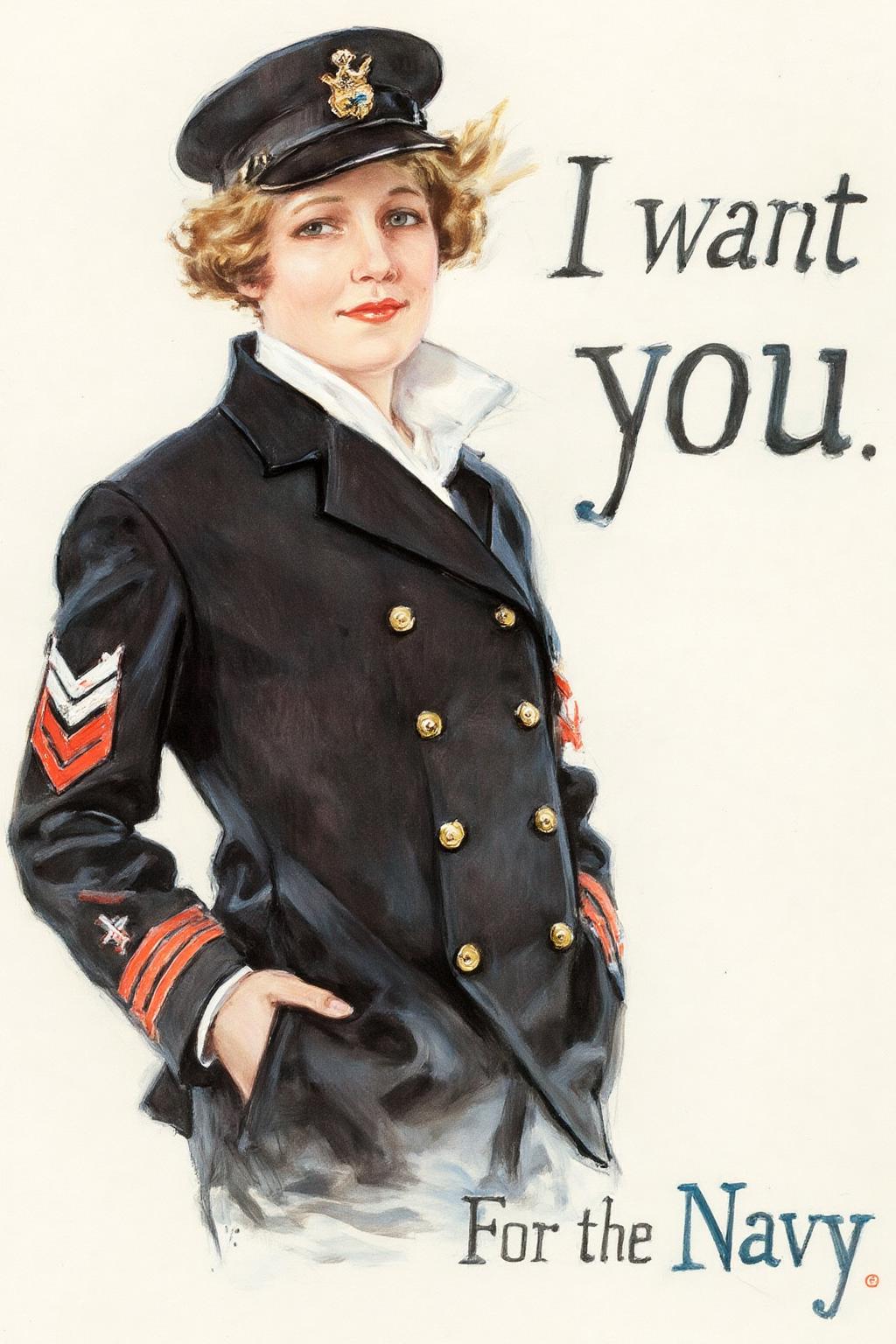 howardchandlerchristy1 illustration.
A woman with short brown hair is standing in a relaxed pose with both hands in her pockets. She is wearing a dark double-breasted military coat with gold buttons, a white shirt, and a cap with a badge; there is a red and black striped insignia on her arm. She is looking at the viewer. The background is plain. Text on top-right corner says "I want you".
Text at bottom says "For the Navy".
 <lora:howardchandlerchristy1_d8a4e11:1.0><lora:865840219306383626:0>
