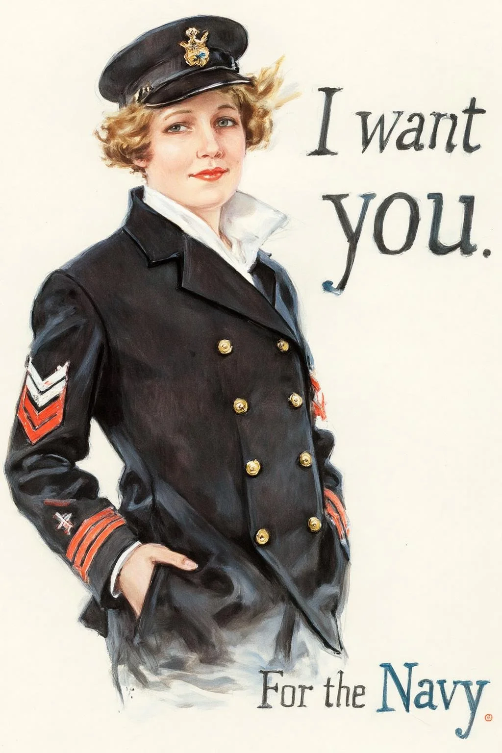 howardchandlerchristy1 illustration.
A woman with short brown hair is standing in a relaxed pose with both hands in her pockets. She is wearing a dark double-breasted military coat with gold buttons, a white shirt, and a cap with a badge; there is a red and black striped insignia on her arm. She is looking at the viewer. The background is plain. Text on top-right corner says "I want you".
Text at bottom says "For the Navy".
<lora:howardchandlerchristy1_d8a4e11:1.0><lora:865840219306383626:0>