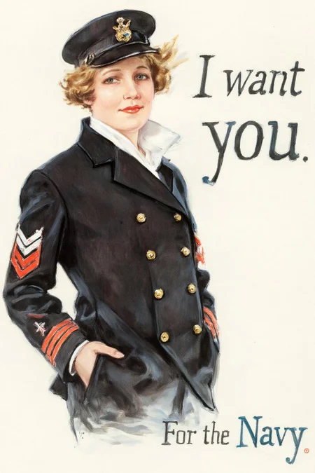 howardchandlerchristy1 illustration.
A woman with short brown hair is standing in a relaxed pose with both hands in her pockets. She is wearing a dark double-breasted military coat with gold buttons, a white shirt, and a cap with a badge; there is a red and black striped insignia on her arm. She is looking at the viewer. The background is plain. Text on top-right corner says "I want you".
Text at bottom says "For the Navy".
<lora:howardchandlerchristy1_d8a4e11:1.0><lora:865840219306383626:0>