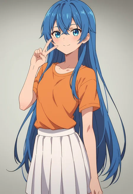 score_9, score_8_up, score_7_up, source_anime, 2d,
Astarte, 1girl, blue hair, very long hair, blue eyes, very small breasts,
anime coloring, anime screencap, detailed eyes, zPDXL, perfect faces, uncensored, rating_explicit, <lora:astarte_0-000025:1>,
orange t-shirt, white skirt, v, hand up,