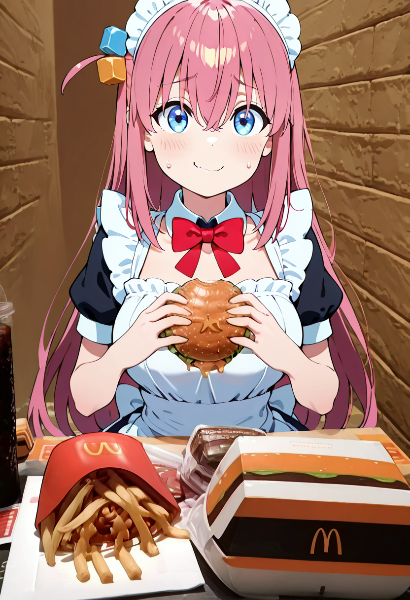 masterpiece, best quality, 1girl, solo, eyelashes, (beautiful eyes),     McD4t3, long hair, looking at viewer, blush, smile, bangs, blue eyes, hair ornament, dress, bow, holding, hair between eyes, closed mouth, pink hair, short sleeves, sweat, frills, puffy sleeves, bowtie, sweatdrop, apron, black dress, red bow, official alternate costume, puffy short sleeves, maid, maid headdress, detached collar, one side up, eating, holding food, red bowtie, maid apron, food on face, burger, nervous smile, cube hair ornament, french fries, ketchup, gotou hitori  ,<lora:McDate_with_2D_Waifu_IXL:1.0>,