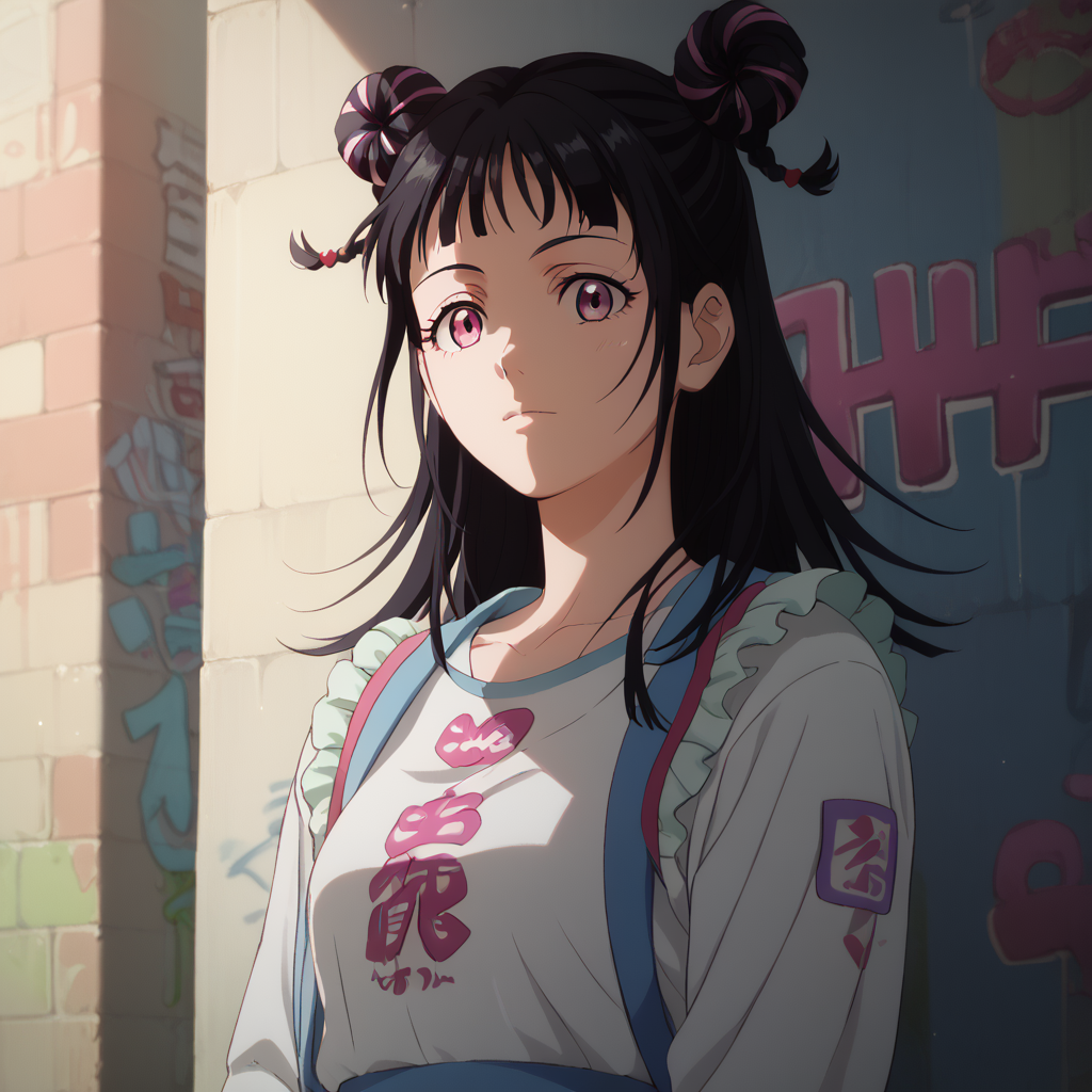 <lora:SlimesMahoro:1>, score_9, score_8_up, score_7_up, slimes_mahoro, woman, solo, portrait, black hair, graffiti alley background