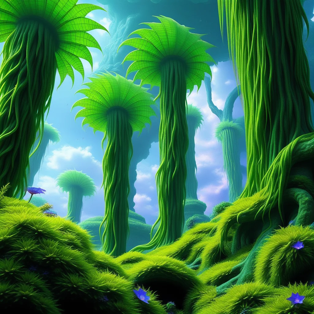 moss, no humans, flower, cloud, pillar, day, fantasy, leaf, grass