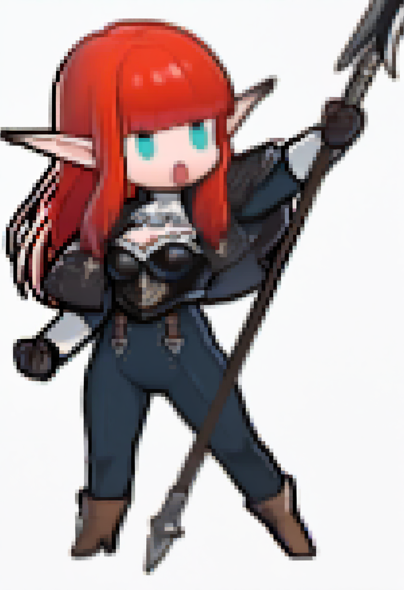 masterpiece, best quality, 1girl, solo, shouting, holding polearm, <lora:Feh-Sprites-illus_Fp:1> simple background, white background, chibi, full body, <lora:HulkenbergMR-illu:1> dfHbrg, red hair, long hair, blunt bangs, sidelocks, aqua eyes, pointy ears, white ascot, cleavage, black breastplate, black capelet, dark blue high-waist pants, long sleeves, dark blue sleeves, black gloves, ankle boots, high heel boots, brown footwear