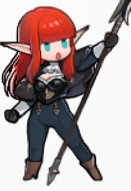 masterpiece, best quality, 1girl, solo, shouting, holding polearm, <lora:Feh-Sprites-illus_Fp:1> simple background, white background, chibi, full body, <lora:HulkenbergMR-illu:1> dfHbrg, red hair, long hair, blunt bangs, sidelocks, aqua eyes, pointy ears, white ascot, cleavage, black breastplate, black capelet, dark blue high-waist pants, long sleeves, dark blue sleeves, black gloves, ankle boots, high heel boots, brown footwear