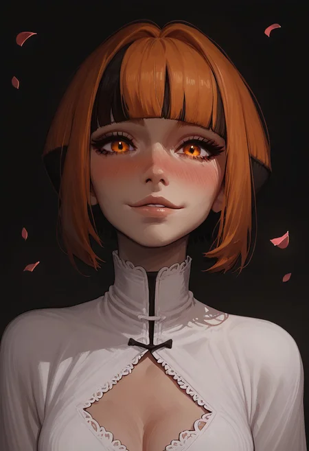 score_9, score_8_up, score_8. score_9, score_8_up, score_7_up, score_6_up, masterpiece, 4k, high quality, (best quality:1.1), ExpressiveH,(close up)
1girl, pokemongardenia, black hair, bob cut, multicolored hair, orange eyes, orange hair, petals, short hair, two-tone hair, medium breasts, blushing, looking at viewer, seductive smile, g0dd3ss, white dress, cleavage
black background