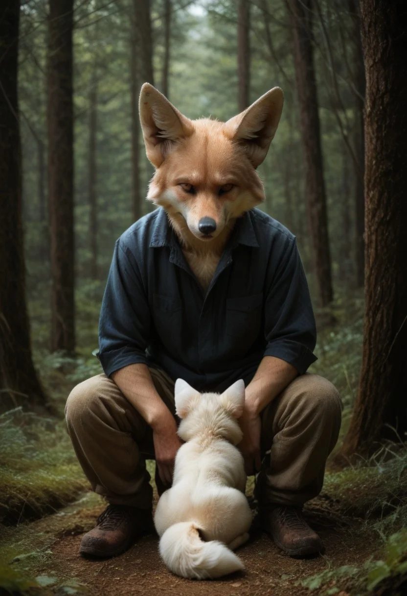 anthro, 1boy, fox, sitting, fallen tree, in a forest background, UHD, score_8_up, score_9