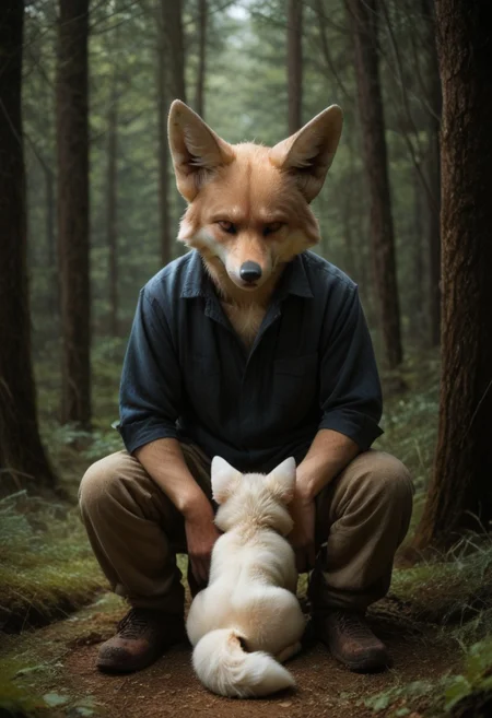 anthro, 1boy, fox, sitting, fallen tree, in a forest background, UHD, score_8_up, score_9
