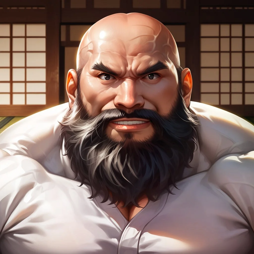 safe_pos, safe_pos, source_anime, detailed background, (score_9, score_8_up, score_7_up), zoroj, masterpiece, best quality, high quality, ultra detailed, highly detailed, high detail, artistic lighting, (highly detailed face, (perfect face, perfect eyes)), depth of field, perfect soft lighting, best shadows, perfect reflections, volumetric, detailed image, high resolution, defined faces, sharp definition,
solo, 1boy, male focus, bald, black eyes, black hair, facial hair, ((long beard)), ((white shirt)), musclebears, muscular male, hyper muscles, bara, veiny muscles, large male,
dojo, tatami mat, large male dom, dynamic poses, various poses, looking at viewer, ((((face shot)))), smile,