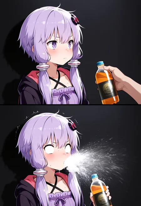 masterpiece, best quality, amazing quality,
ADDCOMM
2koma,
ADDBASE
1girl, yuzuki yukari, looking away, reaching palm,
disembodied hand holding bottle,
ADDROW
1girl, blank eyes, yuzuki yukari, holding bottle,
<lora:SpitTake:1> spit take, spitting water,