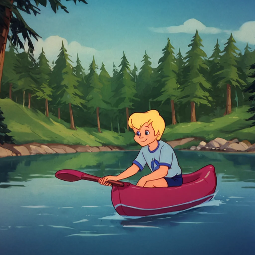 score_9_up, score_8_up, BREAK, johnCB, 1boy, human, male child, blue eyes, blonde hair, blue camping shirt, sitting in raft, (paddling), (lake), blue shorts, blue sky, sunny, smile, accurate, <lora:John_Care_Bears_Movie_II:1>