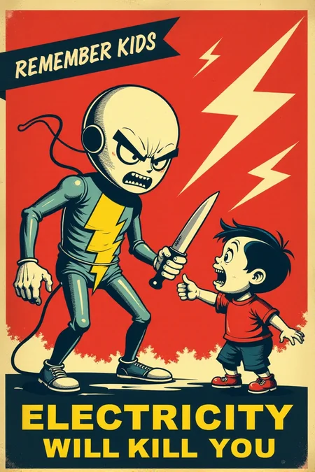 Generate an image in the style of a vintage 1950s public service announcement or propaganda poster. The image should be a warning sign with a dark humor theme. Depict a menacing, personified electricity bolt character holding a knife and pointed at a terrified cartoon child. Include the text "REMEMBER KIDS" and "ELECTRICITY WILL KILL YOU". Use a bold, vintage font, a red, white, and black color scheme, lightning bolt symbols and a grainy texture. Keywords: vintage cartoon, propaganda poster, 1950s, public service announcement, warning, electricity, danger, funny, dark humor, retro <lora:REMEs_War_Poster_Style:0.9> In REME's War Poster Style,âââ