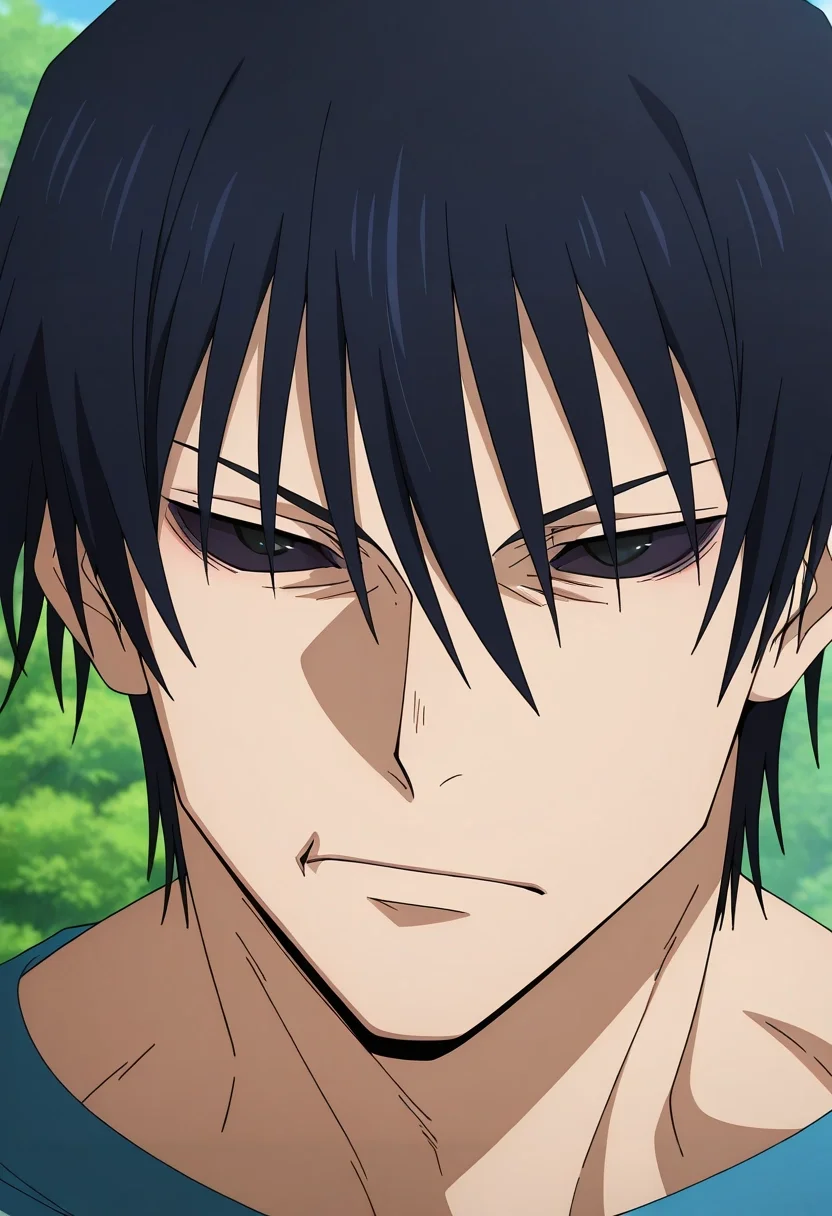 masterpiece, best quality, , anime screencap, anime coloring, official style, , 1boy, solo, male focus, <lora:touji_fushiguro_ilxl:0.98>, touji_fushiguro, black hair, black eyes, short hair, hair between eyes, bangs, colored sclera, black sclera, , , ,