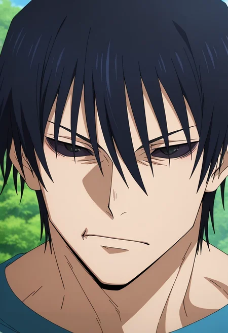 masterpiece, best quality, , anime screencap, anime coloring, official style, , 1boy, solo, male focus, <lora:touji_fushiguro_ilxl:0.98>, touji_fushiguro, black hair, black eyes, short hair, hair between eyes, bangs, colored sclera, black sclera, , , ,