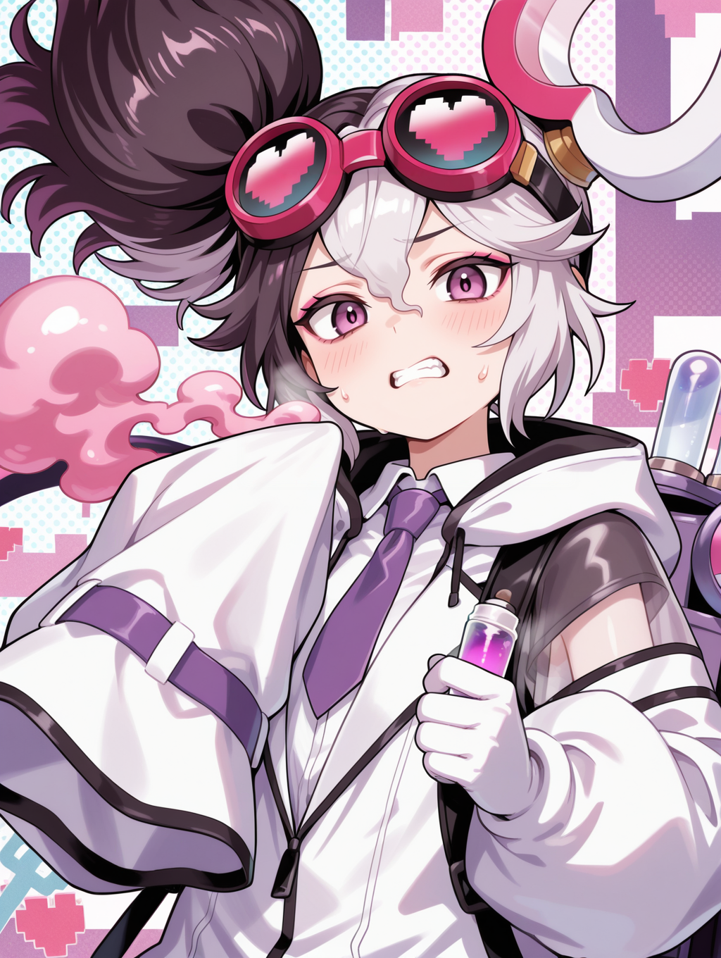 vanquish soul dr. mad love, teeth, holding test tube, 1girl, test tube, single sleeve past fingers, multicolored background, open mouth, looking at viewer, upper body, hood down, clenched teeth, sweat, white hair ornament, goggles on head, white collared shirt, white labcoat, purple necktie, single white glove, polka dot background, purple smoke, official style,
masterpiece,best quality,amazing quality,very aesthetic,absurdres,newest,<lora:Vanquish Soul Dr. Mad Love illusXL v1.1:0.72>,