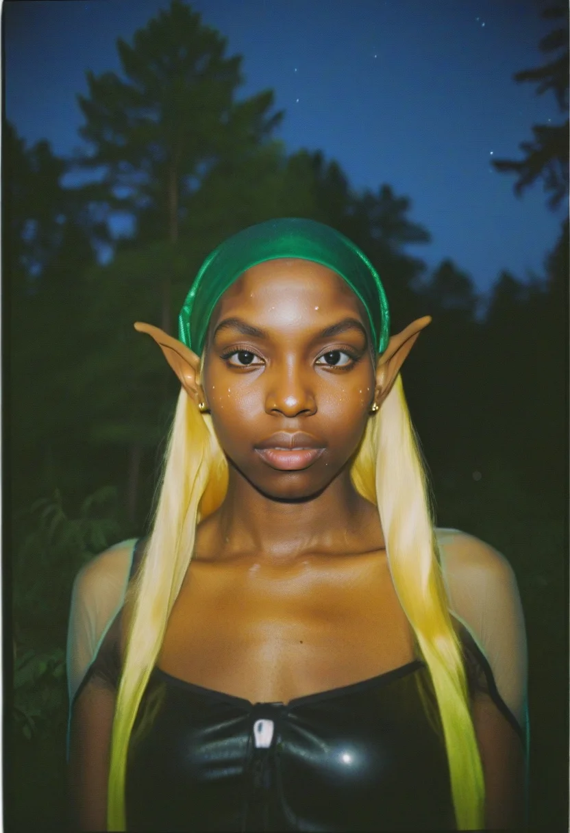 <lora:ModernFable:0.65> woman, black woman, durag, elf ears, golden hair, long hair, dark skin, dewy skin, glowing skin, forest, nighttime, eery, film grain, taken on a digital camera