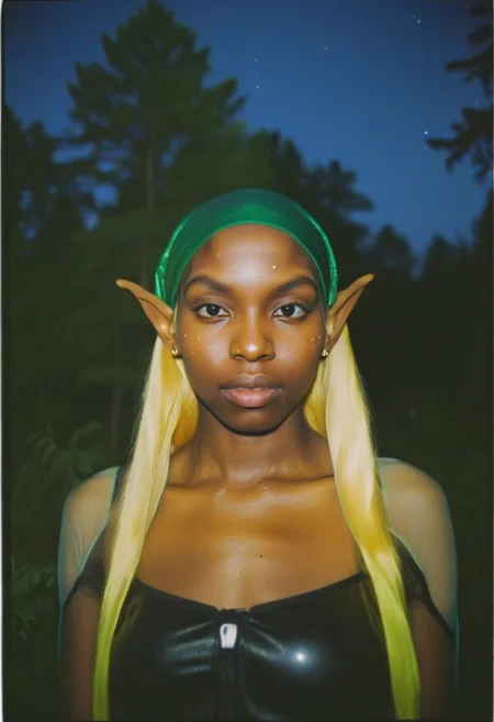 <lora:ModernFable:0.65> woman, black woman, durag, elf ears, golden hair, long hair, dark skin, dewy skin, glowing skin, forest, nighttime, eery, film grain, taken on a digital camera