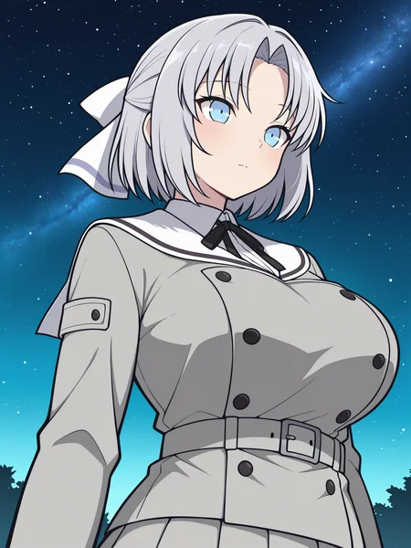 masterpiece, best quality, amazing quality, artist:[limberbreak], by limberbreak, thick outlines, bold outlines, heavy line art, graphic black lines, strong contours, black outlines
(solo:1.4), Yumi_IL, blue eyes, short grey hair, yumi's bang, white hair bow, large breasts, Yumi_Gessen, school uniform, white sailor collar, black neck ribbon, grey jacket, black buttons, grey skirt, skirt frills, grey belt
night, floating short hair, sky, night sky, outdoors, star \(sky\), upper body, starry sky, newest, absurdres, highres, very awa
<lora:SK_Yumi_IL:0.8>