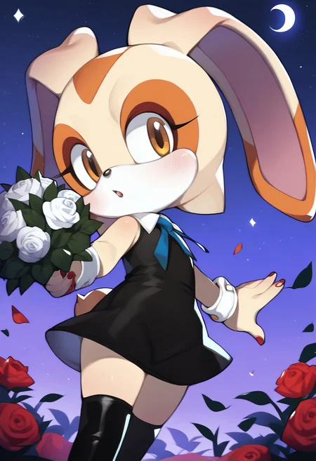 (Cream The Rabbit), solo, Gothic dress, detailed dress, goth, black thigh highs (chibi:0.9), black roses, holding bouquet, dark, night,
score_9, score_8_up, score_7_up