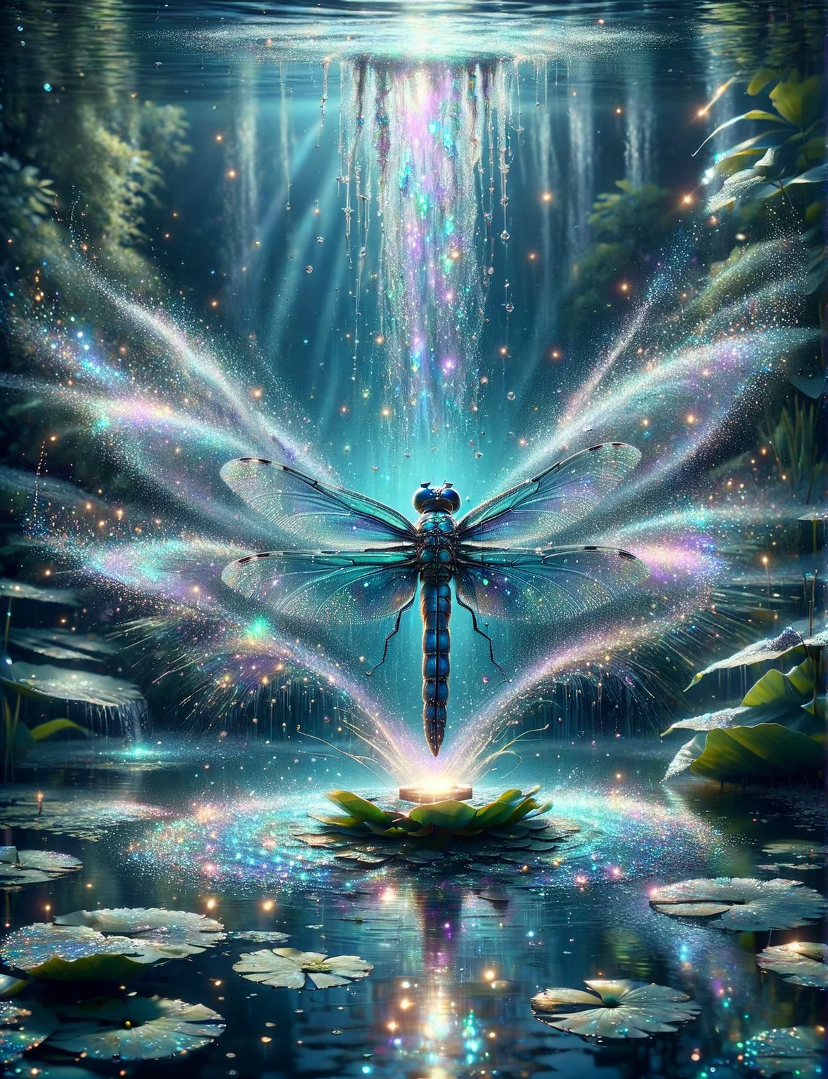 A ais-glttrbmb dragonfly, wings iridescent, pausing delicately on a lilypad in a tranquil pond, with the soft murmur of a waterfall in the distance <lora:ais-glttrbmb-sdxl:1>