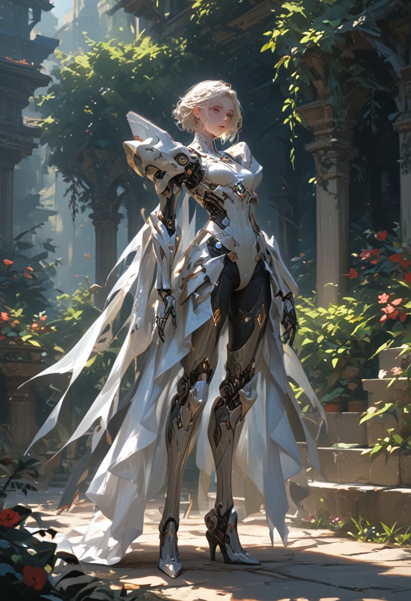score_9, score_8_up, score_7_up, score_6_up, score_5_up, score_4_up,
1girl, cyborg,
mechanical arms, mechanical legs, mechanical pelvis,
plate armor,
((solo)), 
standing in garden,
Expressiveh