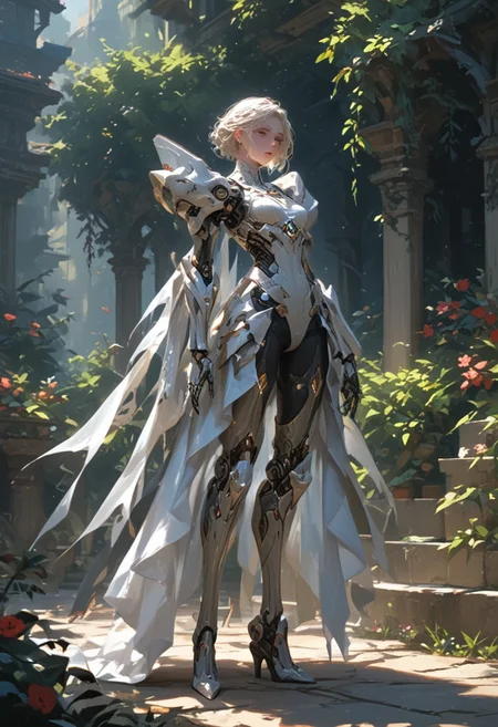 score_9, score_8_up, score_7_up, score_6_up, score_5_up, score_4_up,
1girl, cyborg,
mechanical arms, mechanical legs, mechanical pelvis,
plate armor,
((solo)), 
standing in garden,
Expressiveh