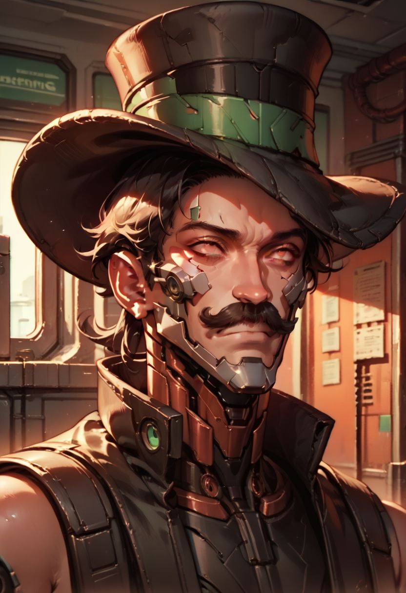 score_9, score_8_up, score_7_up, score_6_up, score_5_up, score_4_up, source_anime,solo,cybernetic enhancements,tubes,moustache,top hat,1boy,henchmann,portrait,cropped,indoors,cyberpunk edgerunners