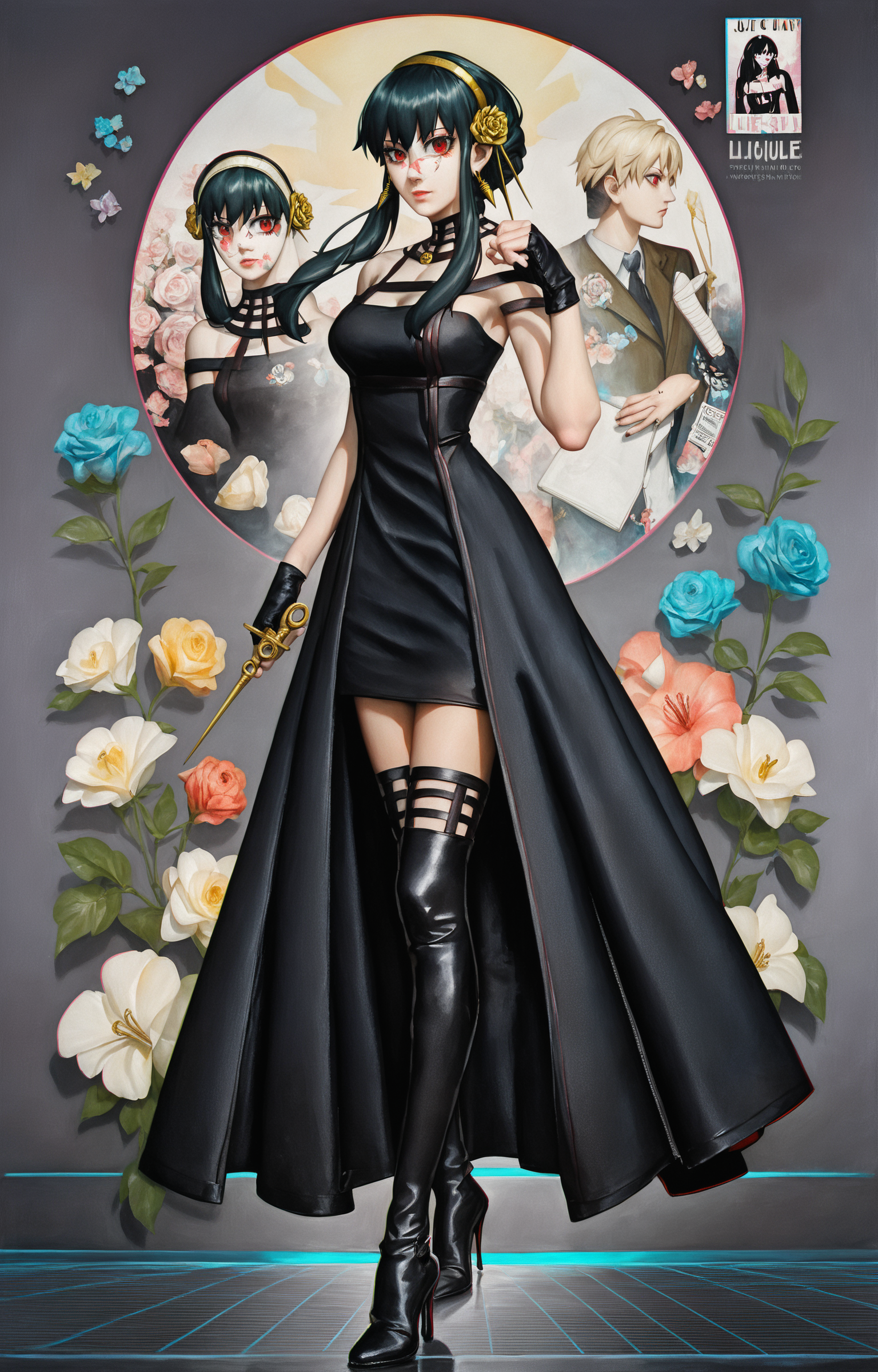 score_9, score_8_up, score_7_up, 8k, best quality, masterpiece, (ultra-detailed), (high detailed skin), vivid color,  
<lora:yor-pony-Tanger-000014:0.8> yor briar, black hair, red eyes, 2nd clothes, black dress, black hair, thighhighs, high heels, fingerless gloves, dagger, hair ornament, two-sided fabric, black gloves, high heel boots, hairband, flower, black footwear,
vaporwave,(Highest picture quality), (Master's work), (Detailed eye description), (8K wallpaper),(Detailed face description),(flat color:1.3),(ligne claire:1.3),(cover page:1.2),(movie poster:1.2),poster \(medium\),cowboy shot,
 <lora:Oil Painting Sharp Style LoRA_Pony XL v6:0.5> oil painting, traditional media, (realistic:0.5),  <lora:chr0m4XLP:0.35> chr0m4, chromatic aberration, <lora:p3rf3ctbXLP:0.25> p3rf3ctb