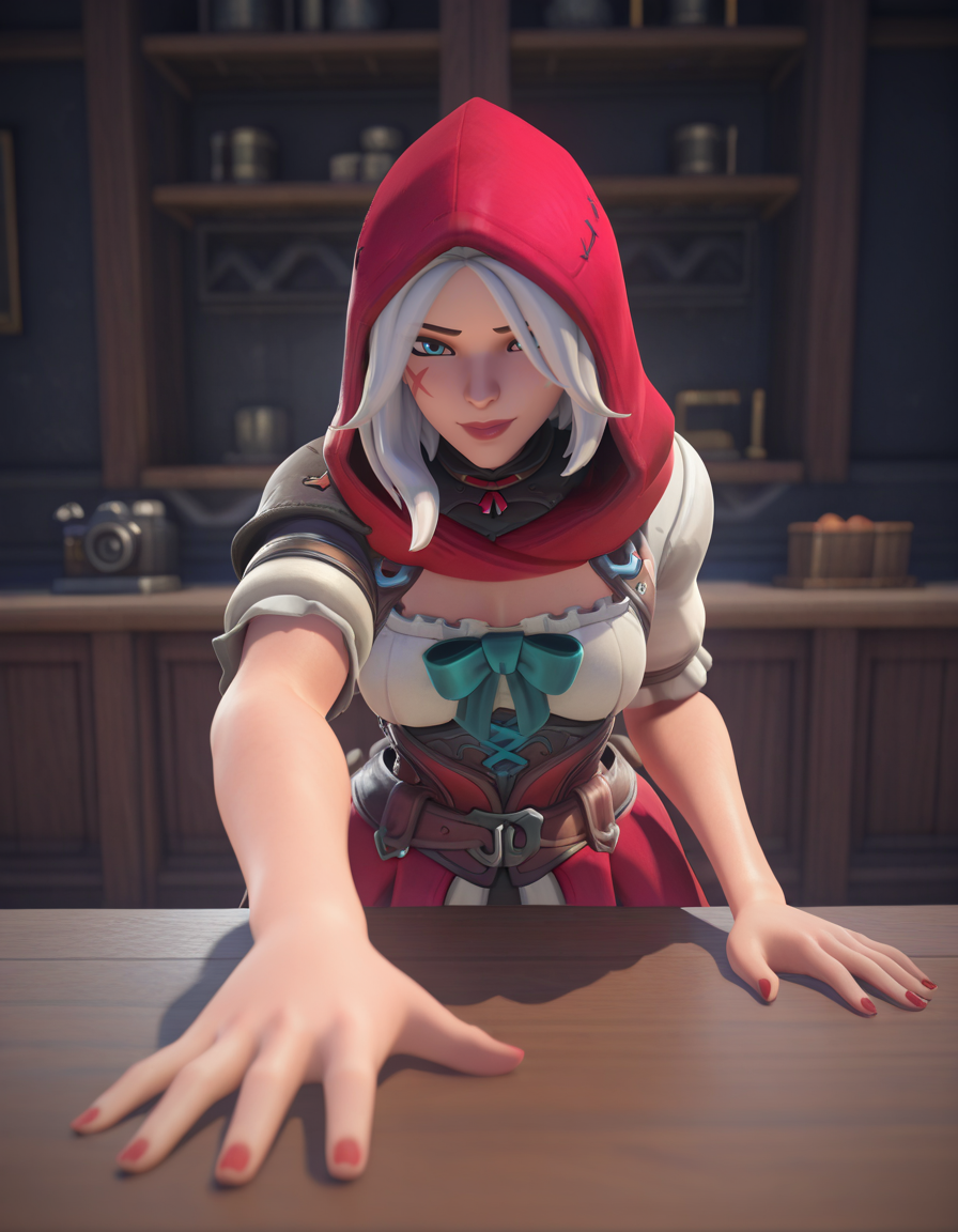 Masterpiece, high-res, 2k, best quality, 3d, solo focus, redhood ashe, ashe (overwatch) <lora:redhood_ashe-000046:1> Elevated Elegance with Arm Stretched Out: Sit on a high surface such as a counter or table with one arm outstretched towards the camera exuding poise and confidence.