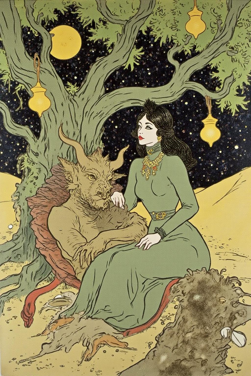 lautrec1 illustration rendered in a stylized, Art Nouveau style typical of the era, with a pastel color palette dominated by shades of green, yellow, and brown.
A scene from Arabian Nights, rendered in intricate, colorful detail. A beautiful woman and a sleeping demon. The woman sits gracefully under a sprawling tree with lush, curving branches and hanging vines. She has striking, almond-shaped eyes, dark flowing hair, and wears elegant traditional attire with ornate jewelry that glimmers softly under the moonlight. Her expression is calm and serene as she gazes thoughtfully into the distance. Resting his head gently on her lap is a large demon with a powerful, otherworldly presence. The demon, though fearsome in size, appears vulnerable as he lies beside her. His skin has a muted, earthy tone, and his features--sharp and beastly--are softened by a look of weary contentment. His claws are retracted, and he exudes a mixture of strength and peace in her presence. The tree's twisted branches arc above them, framing the scene like a natural canopy. Golden lamps hang from the tree, casting warm, soft light, illuminating the two figures in a magical glow. The background is a deep, starry night, with hints of distant desert dunes and a crescent moon overhead, creating an enchanting and mystical ambiance that draws the viewer into this world of fantasy and myth. <lora:lautrec1_cap_d6a3e11:1.0><lora:810954396306292523:0>