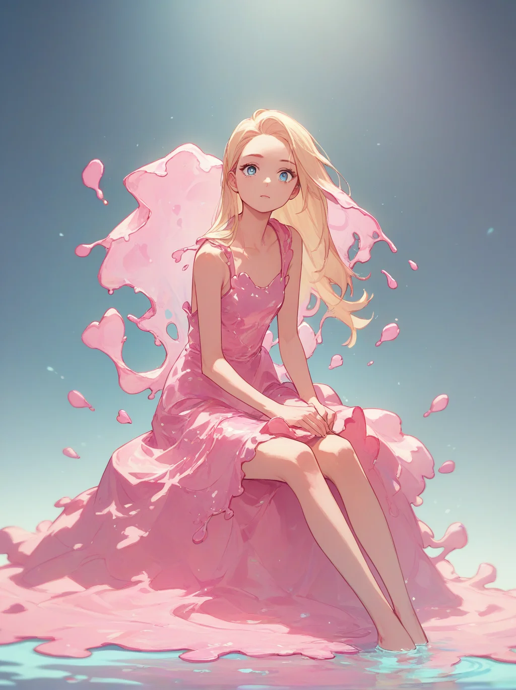 score_9, score_8_up, score_7_up, score_6_up, <lora:water_dress_v0.2-pony:1>
1girl, long hair, blonde hair, blue eyes, 
liquid dress, sitting, pink dress, pink liquid,