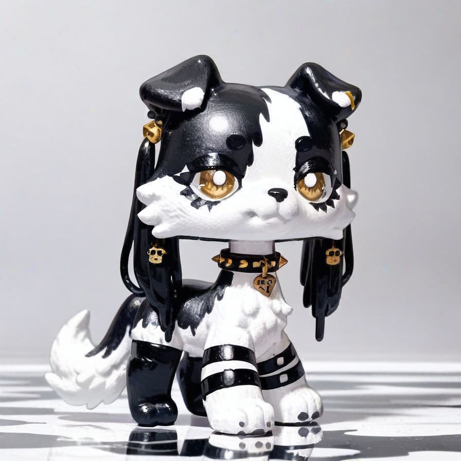score_9_up, score_8_up, solo, ((feral female)), canid, collie, standing, goth choker, thigh highs, alt style, white fur, black markings, gold, marble, reflective, abstract fur design, digital media \(artwork\), custom lps, littlest_pet_shops, digital art, <lora:LPS-000009:0.9>