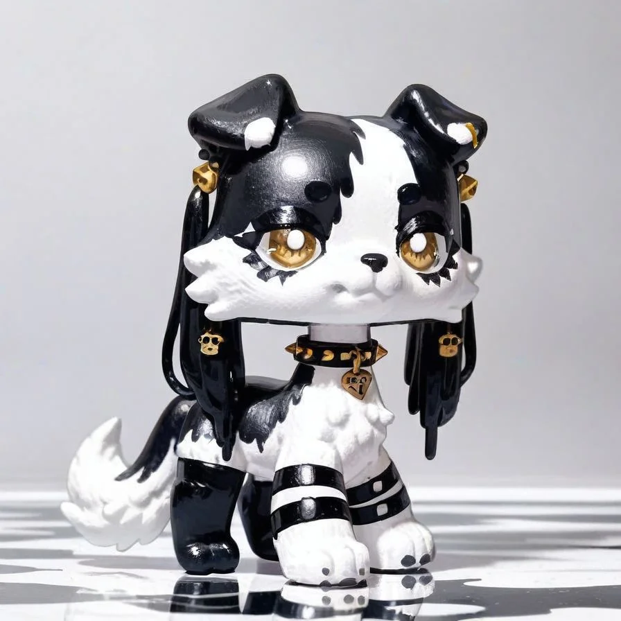 score_9_up, score_8_up, solo, ((feral female)), canid, collie, standing, goth choker, thigh highs, alt style, white fur, black markings, gold, marble, reflective, abstract fur design, digital media \(artwork\), custom lps, littlest_pet_shops, digital art, <lora:LPS-000009:0.9>
