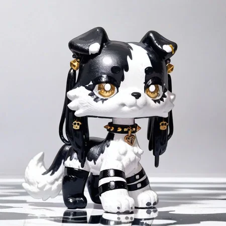 score_9_up, score_8_up, solo, ((feral female)), canid, collie, standing, goth choker, thigh highs, alt style, white fur, black markings, gold, marble, reflective, abstract fur design, digital media \(artwork\), custom lps, littlest_pet_shops, digital art, <lora:LPS-000009:0.9>